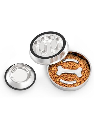 Akpu Slow Feeder Dog Bowls Kit Stainless Steel Non-Slip Dog Food Bowl for Small Medium Large Breeds 2~4 Cups Dog Slow Feeder Bowl for Fast Eaters Slows Down Eating Dog Food Bowl&amp;Dog Water Bowls 2Packs