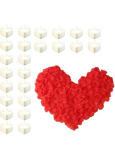 Duomama Romantic Heart LED Candle Lamps - 36Pcs Red Flameless Tea Lights and 3000 petals for Valentine's Day, Anniversary, and Wedding Table Decor - Long long-lasting battery-powered Fake Candles