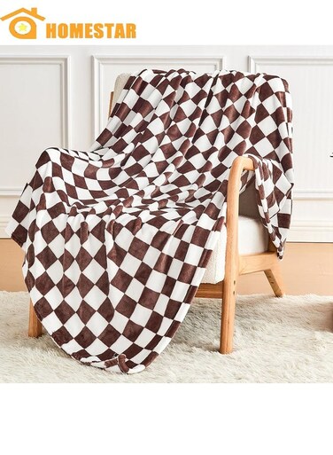 Checkered Blanket, Soft Cozy Checkered Throw Blanket for Bed, Sofa, Couch, Camping, Ultra Fluffy Throw Blankets for All Seasons, Brown and White