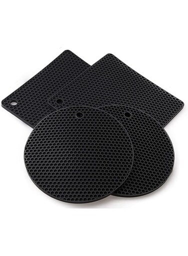 Silicone Trivet Pot Mat, Silicone Pot Holders for Hot Pan and Pot Pads. Heat Resistant Counter Mats for Tables Placemats,Countertops, Spoon Rest and Large Coasters,4 Pack Black(2 Squared + 2 Round)
