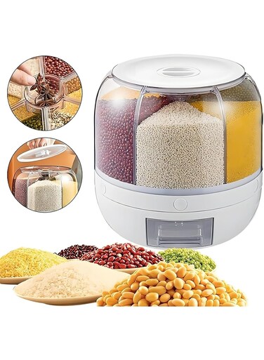 Rotating grain storage container,rice dispenser,6-compartment rice container, 360&Acirc;&deg; rotating food dispenser One-Click Output rice Storage Round Grain Dispenser Kitchen for Grains, Beans, Rice.