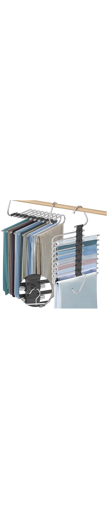 Angju Upgrade 9 Layers Pants Hangers Space Saving, 2 Pack Non Slip Stainless Steel Multifunctional Pants Rack Closet Pant Hanger Organizer with Hooks for Pants Jeans Trousers Dorm Room Essentials