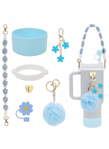 Cup Accessories Bundle, Handle Strap, Silicone Boot, Straw Cover, and Charms for 40oz and 30oz Tumblers (Blue)