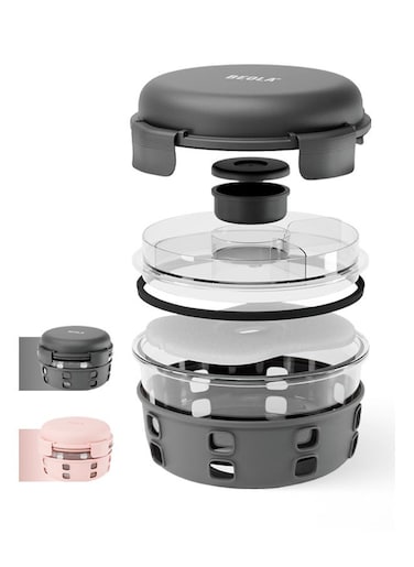 Lunch Box, Food Container with Ice Pack, Sauce Cup, 3 Compartment Tray, Borosilicate BPA Free Glass Salad Bowl with Silicone Protection, Freezer, Dishwasher, Microwave Safe, 950ml(Lava Gray)