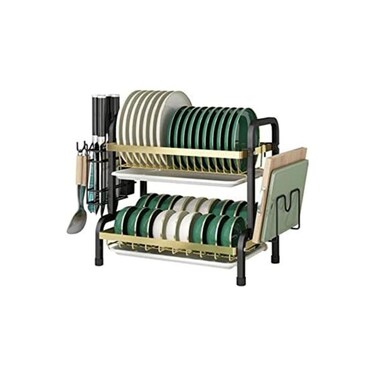 2-Tier Green &amp; Gold Dish Rack w/ Utensil Holder, Drainboard &ndash; Stylish Kitchen Organizer Solution