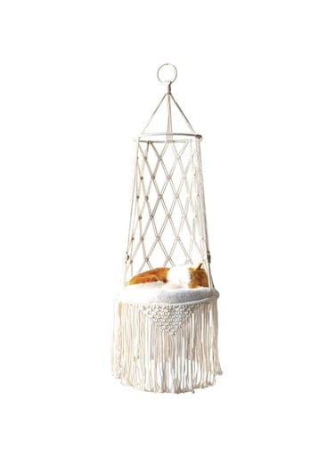 FC22 Macrame Cat Hammock, Handwoven Hanging Cat Bed, Boho Cat Swing with Hanging Kit for Indoor Outdoor Home Decor Hang on Wall Cat Hammock Bed for Sleeping, Playing, Climbing and Lounging (Size 2)