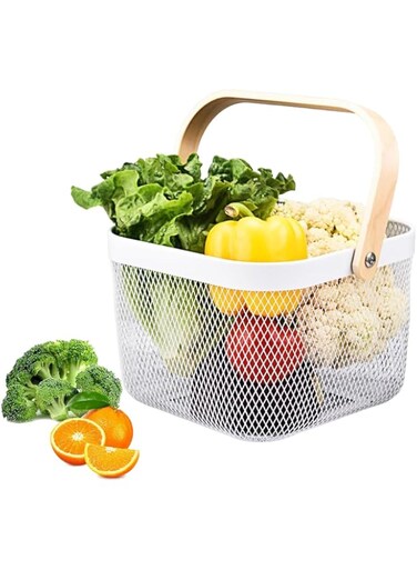 Goodern Metal Mesh Steel Basket with Handle,Multi-Functional Hanging Kitchen Baskets Fruit Basket Bin,Garden Harvest Basket Mesh Basket for Shopping Garden Picnic Bathroom Organizing-White M