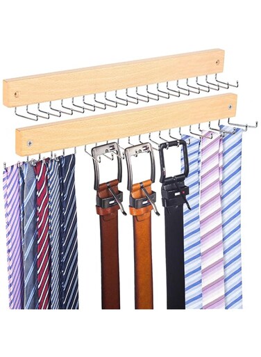 Tie Rack Wall Mounted, Natrual Wood Tie Organizer Holds 20 Ties/Belt/Purse, Tie and Belt Organizer / 360&deg; Roatable Hooks, Screw Nail, Ideal for Installation on Wall, Door, Closet, Natrual (2 Pack)