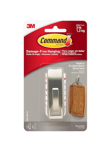 Command Metal Medium Hook Silver color, 1 hook and 2 strips/pack   Holds 1.3 kg each hook   Organize   Decoration   No Tools   Holds Strongly   Damage-Free Hanging