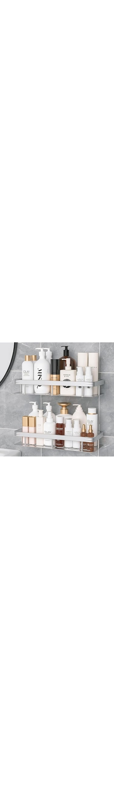 Shower Caddy Silver, Self Adhesive 2 Pack Shower Shelves with Hooks, Bathroom Organizer and Storage, No Drilling Rust Proof Aluminum Shower Racks, Bathroom Accessories