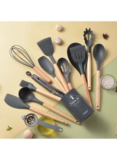 Utensils Sets,14 Pcs Heat Resistant Kitchen Utensils Quality silicone kitchen utensils , Slotted Turner, Spoon, Soup Ladle, Pasta Server, Skimmer, Tongs for Nonstick Cookware, Gray