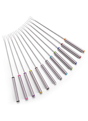 DELFINO Set of 12 Stainless Steel Fondue Forks 9.5inch - Color Coding Cheese Fondue Forks with Heat Resistant Handle for Chocolate Fountain Cheese Fondue Roast Marshmallows