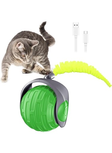 CENXI Cat Toy, Interactive Cat Toy Ball for Bored Indoor Cats, Automatic Rolling, Drop Resistant and Obstacle Avoidance, 2 Modes Adjustment, Fluffy Tail and USB Type-C Rechargeable (Green)