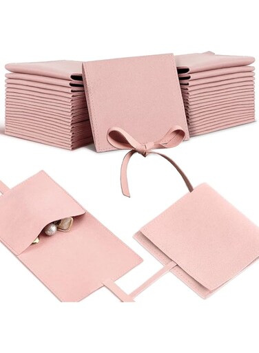SYOSI 20 Pcs Microfiber Jewelry Pouches 8 x 8 Cm, Luxury Small Gift Bags for Bracelets and Necklaces, Bow Tie Design, Envelope Style with Strings and Divider, Pink Jewelry Packaging Bags