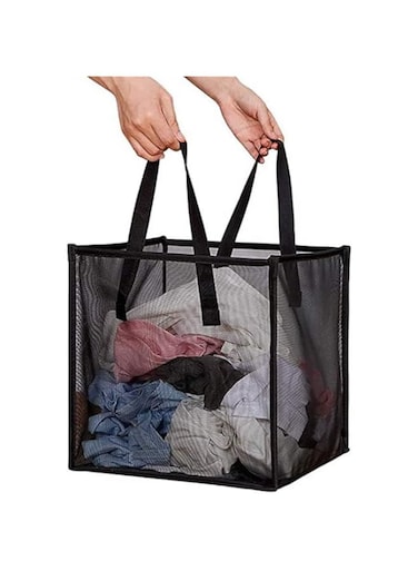 Mesh Pop Up Laundry Basket, Collapsible Hamper with Durable Handles, Foldable Storage for Kids Room, College Dorm, Travel, and Bathroom Organizer (Black)