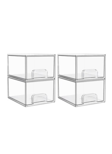 4 Pack Clear Stackable Storage Bins, 11cm Tall Acrylic Bathroom Makeup Organizer,Plastic Storage Box For Vanity, Undersink, Kitchen Cabinets, Pantry, Home Organization