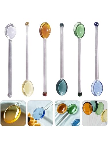 MAKINGTEC Small Glass Teaspoon, Crystal Clear Coffee Dessert Spoon, for Household Spoon Salt and Sugar, Flavored Tea Jar, Assorted Colors (6 Pieces)
