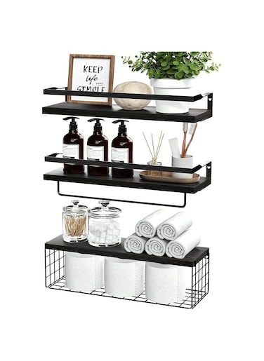 COOLBABY 3Pcs Bathroom Floating Shelves Wall Mounted Rustic Wood Shelves with Storage Basket