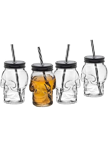 Godinger Skull Mason Jar Mug Glass Tumbler Glass Cups with Cover and Straw, Halloween Decor, Drinking Glasses - 16oz, Set of 4