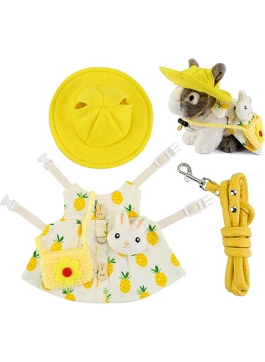 Rabbit Bunny Harness and Leash Set, Adjustable Rabbits Bunny Clothes Outfit, Bunny Rabbit Dress Walking Vest for Ferret Cavy Hamster Squirrel, Small Animals Accessory (Pineapple/S)