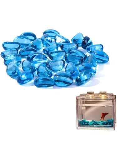 NeoStyle Betta Fish Tank Accessories,Glass Blue Fluorescent Stone,Row Aquarium Stackable Cube Hexagon Tank (Fish Tank Accessories, Glass Blue Fluorescent Stone 250g)