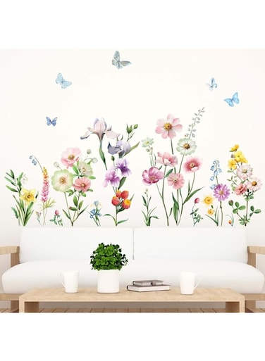 Amimagen Flowers Wall Stickers - Wildflower Grass Butterflies Daisy Floral Wall Stickers - Girls Bedroom Living Room Sofa TV Background Home Wall Decor