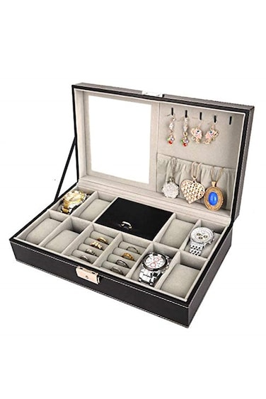 and Jewelry Storage Box Organizer Case with Mirror Holds 8 Watches Necklaces Bracelets Cufflinks Rings Perfect for Travel and Home Use Black