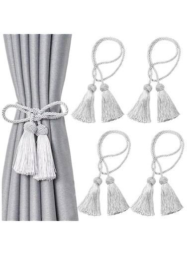 BananaHome &lrm; Curtain Handmade Tiebacks Decorative Curtain Holdbacks with Tassel,4Pack curtain Hand Woven rope tiebacks Suitable for curtains of different thickness (Silver)