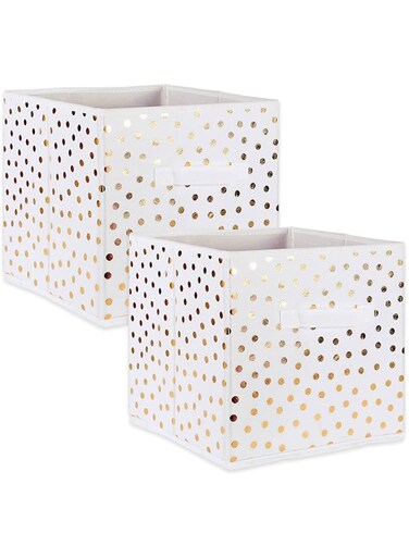 DII Non Woven Storage Collection Polka Dot Collapsible Bin Small Set, 11x11x11 Cube, White &amp; Gold, 2 Piece
