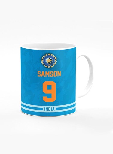 Designer Printed Coffee Mug with Heavy Duty Handle 11oz Ceramic Personalised Gift Mugs Cup - Cricket Player - Sanju Samson, Jersey Number - 9 (With Logo)