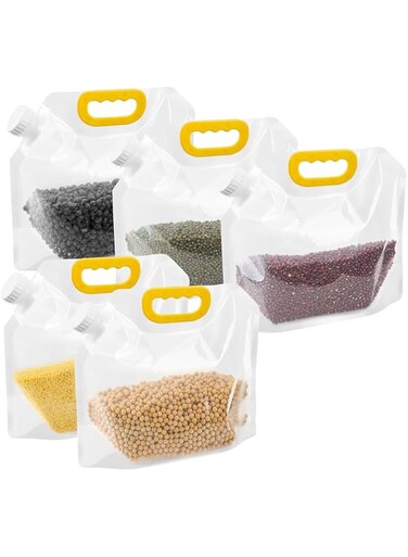 AJIODA Cereal Rice Storage Bag, 5PCS 1L Airtight Food Storage Containers with Lids &amp; Handle Moisture Transparent Pouches Portable Bag Cereal Flour Bean Nut Rice Tea Powder Water Reusable Organizer Bag