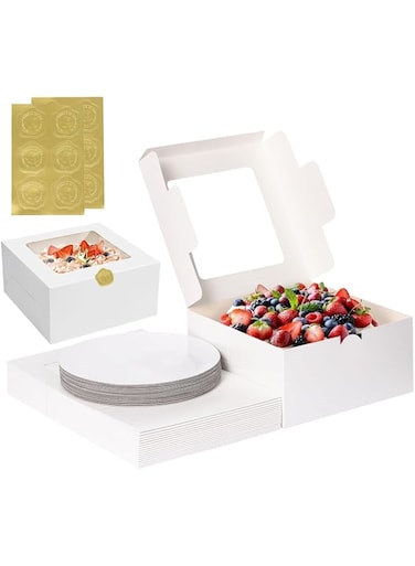 10 Set Cake Boxes, 10x10x5 Inches White Square Bakery Boxes with Window, Tall Cake Boxes Set(10 Boxes &amp; 10 Boards &amp;12 Stickers), Bakery Cake Boxes for Pastries, Pie, Cookies, Birthday Party, Wedding