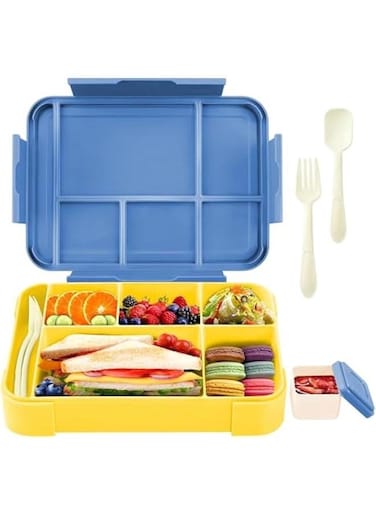 Bento Lunch Box for Adult Kids, 1330ML Stylish Teens Adult Bento Box With 6 Compartments, Durable, Microwave/Dishwasher Safe, BPA-Free, Perfect for On-the-Go Meal (Blue-Yellow)