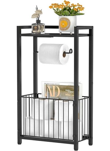 Freestanding Toilet Paper Holder with Storage Shelf &acirc;&euro;&ldquo; Bathroom Tissue Stand with Space for Phone, Tablet, and Magazines &acirc;&euro;&ldquo; All-in-One Toilet Roll Dispenser and Organizer