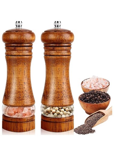 Salt and Pepper Grinder Set of 2, Manual Salt and Pepper Shakers Refillable with Adjustable Coarseness Ceramic Grinders, Pepper Mill for Sea Salt/Chili/Sesame - 6.5 Inch, 2Pack (Brown Wood+Acrylic)