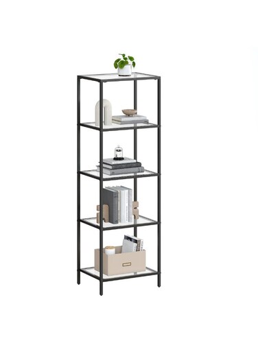 5-Tier Glass Shelf, Bookshelf, Storage Rack, Tempered Glass, Easy Assembly, for Bathroom, Living Room, Bedroom, Office, Ink Black