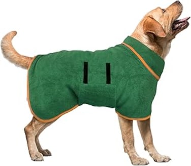 Hcosmy Dog Drying Coat - Microfiber Dog Towel Robe Super Absorbent Pet Bathrobe Dry Fast Dog Bag, Adjustable Collar &amp; Belly Strap Fast Drying Coat Pet Dog Cat Bath Robe Towel (Green,Small)