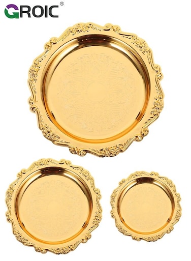 3 Pcs Embossed Alloy Fruit Plate, Snack Platter Jewelry Organizer Dish Rustic Table Tray Wedding Reception Dessert Tray Snack Serving Plate Service Plate Salad Plates Dessert Dining Table