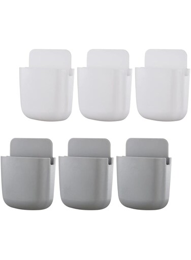 Hui Dahui 6 Pack Self-Adhesive Wall Beside Table Mount Remote Control Phone Pencil Makeup Brushes Glasses Multi-functional Holder Storage Box (3 White+ 3 Grey)