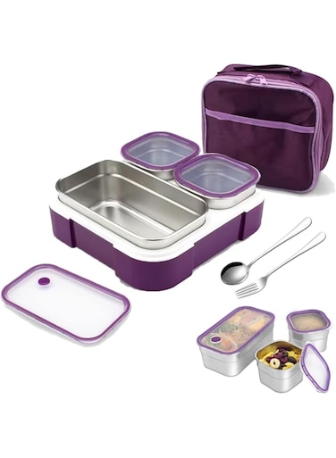 Strayelf 720ML Stainless Steel Lunch Box,Insulated Bento Lunch Box with Tableware &amp; Bag, 3 Compartment Divided Lunch Containers with Lids,For Kids Adults (Purple)