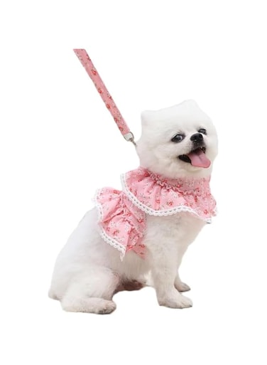 Dog Dress Harness Vest with Leash Set, Pink Flower Puppy Harness, Cute Doggy Lace Princess Clothes, Soft Breathable Mesh, Outdoor Walking Harness for Small Medium Dogs Cats (Pink, L)