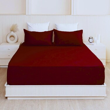 MUSA Striped Fitted Sheet - Soft, Breathable Cotton with Deep Pockets (Burgundy, 150 x 200cm)