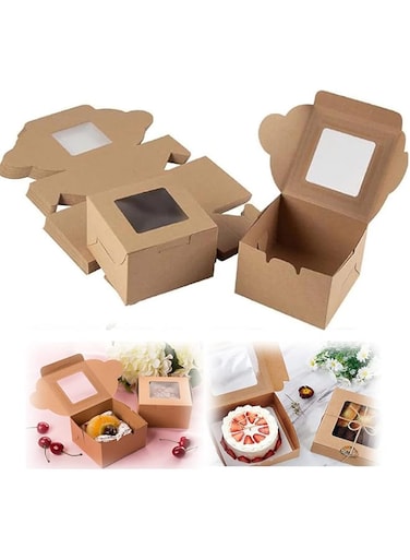 KASTWAVE Bakery Boxes 4x4x2.5 Inches, 10 Pack Small Brown Cake Box Small Kraft Cookie Boxes with Window for Cupcakes, Pies, Donuts