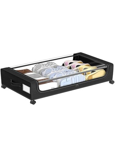 Jiawu Under Bed Storage Container with Wheels, Rolling Under Bed Organizer, Under Bed Shoe Storage, Underbed Organization Bins for Shoes, Clothes, Toys, Blankets (Black)