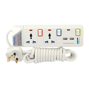 Terminator 2 Way Power Extension Socket With 2 USB 2.1A  5M Cable 13A Plug