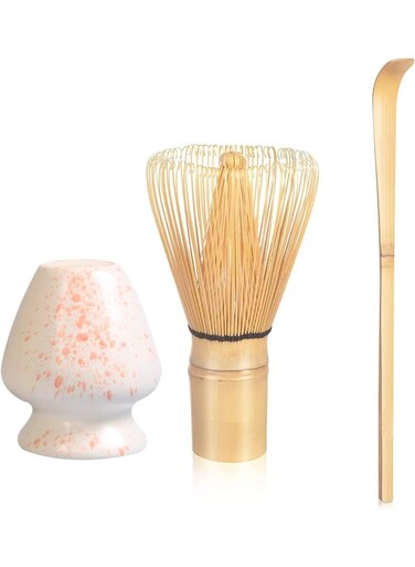 Handmade Natural Bamboo Set (Stirrer, Spoon With Hook, Brush Placer), Falling Cherry White