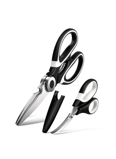 2Pcs Kitchen Scissors Set, Multi-Function Stainless Steel Kitchen Shears and Seafood Scissors Combo, Vegetable And Meat Labor-Saving Chicken Bone Scissors, Black/White, 20.7x9.3cm