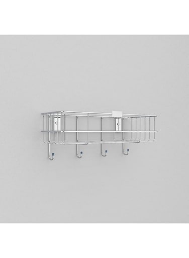 Sulfar Steel Self Adhesive Multipurpose Bathroom Shelf with Hooks/Towel Holder/Rack/Bathroom Accessories-Wall Mount (Black,Powder Coated) (Pack of 1)