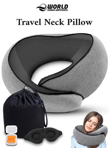 Memory Foam Travel Neck Pillow with Eye Mask &amp; Ear Plugs &acirc;&euro;&ldquo; Ergonomic Cushion for Airplane, Car &amp; Train Journeys, Grey