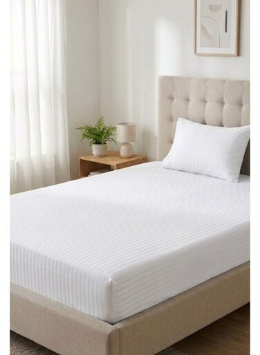 Cotton 2-Piece Microfiber Single Fitted Sheet Set &acirc;&euro;&ldquo; White Striped 90&Atilde;&mdash;190 cm with Full Elastic &amp; 1 Pillowcase